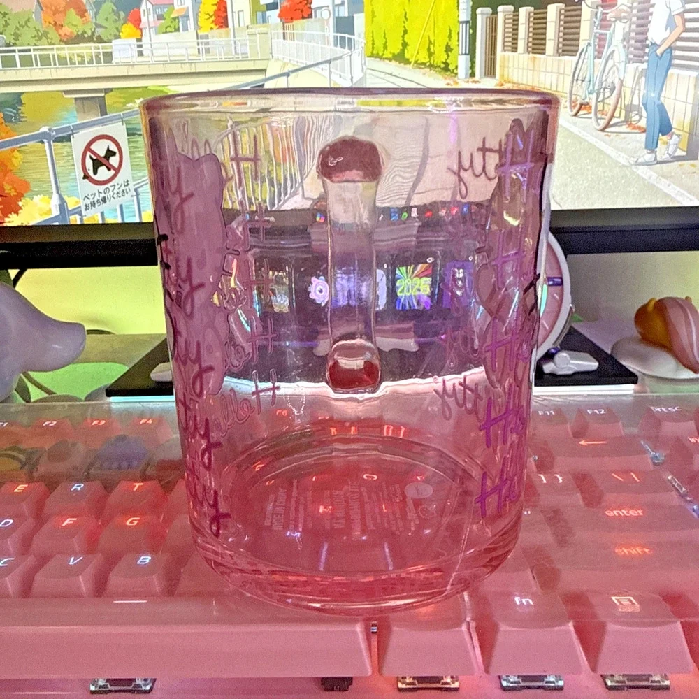 Sanrio Hello Kitty Mug Clear Pink Glass Large Coffee Cup 17.5oz 2024 Classic Bow